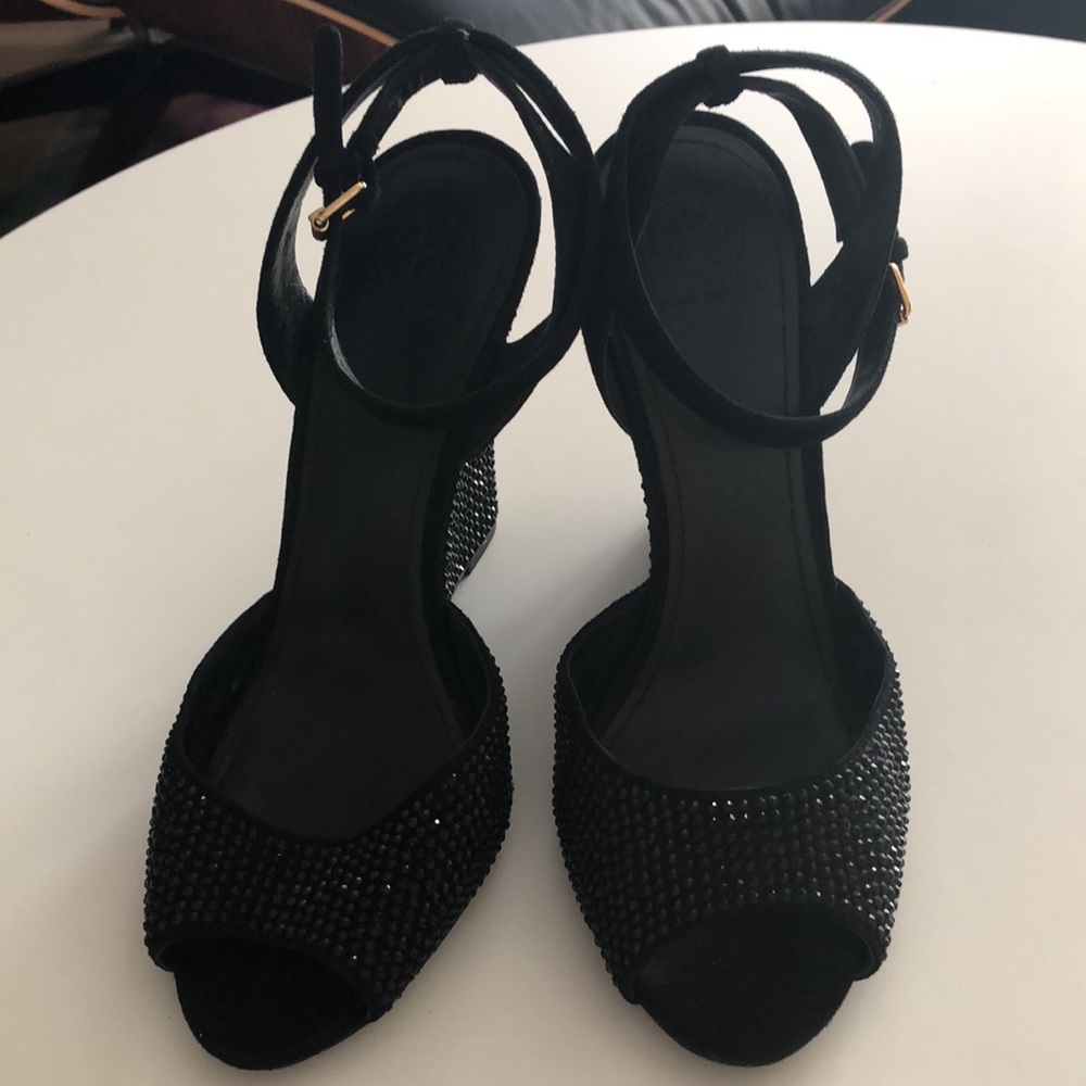 Tory Burch Black Suede, Black Crystal Studded, Wedge with Peep-toe
